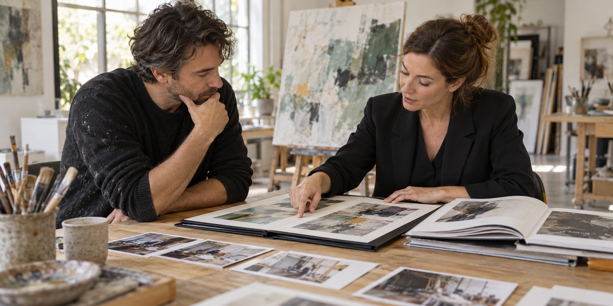 Un artista e una consulente esaminano un portfolio e i materiali del percorso artistico in studio. Immagine illustrativa generata con IA.