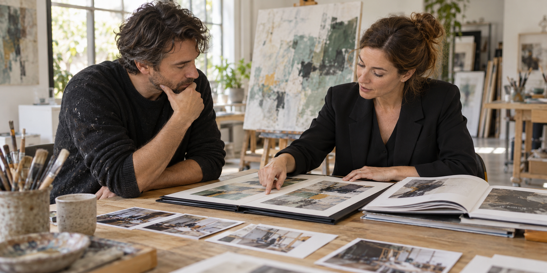 Un artista e una consulente esaminano un portfolio e i materiali del percorso artistico in studio. Immagine illustrativa generata con IA.