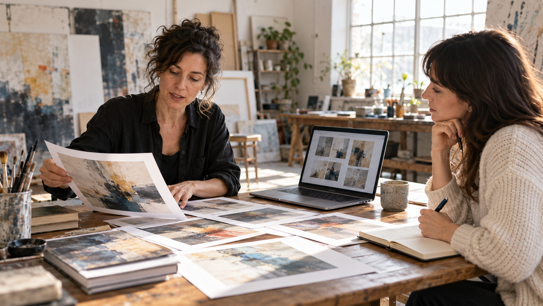 Un’artista presenta il proprio portfolio a una professionista della comunicazione nel suo studio. Immagine illustrativa generata con IA.