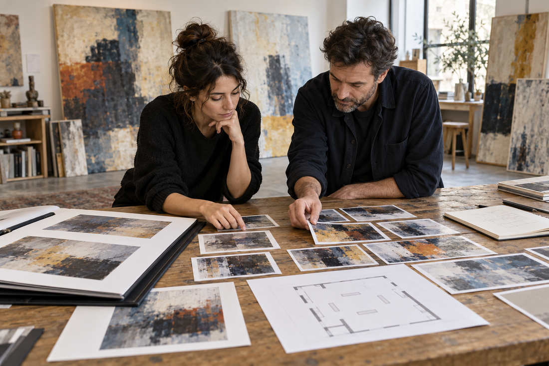 Illustrazione generata con IA: un’artista e un curatore organizzano fotografie di opere immaginarie e una pianta espositiva per preparare un dossier di mostra.