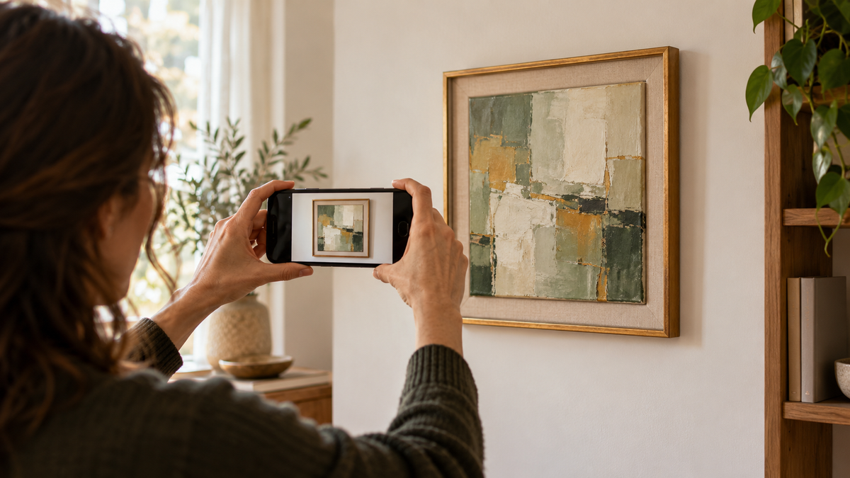 Una persona fotografa con lo smartphone un quadro appeso alla parete. Immagine illustrativa generata con IA.