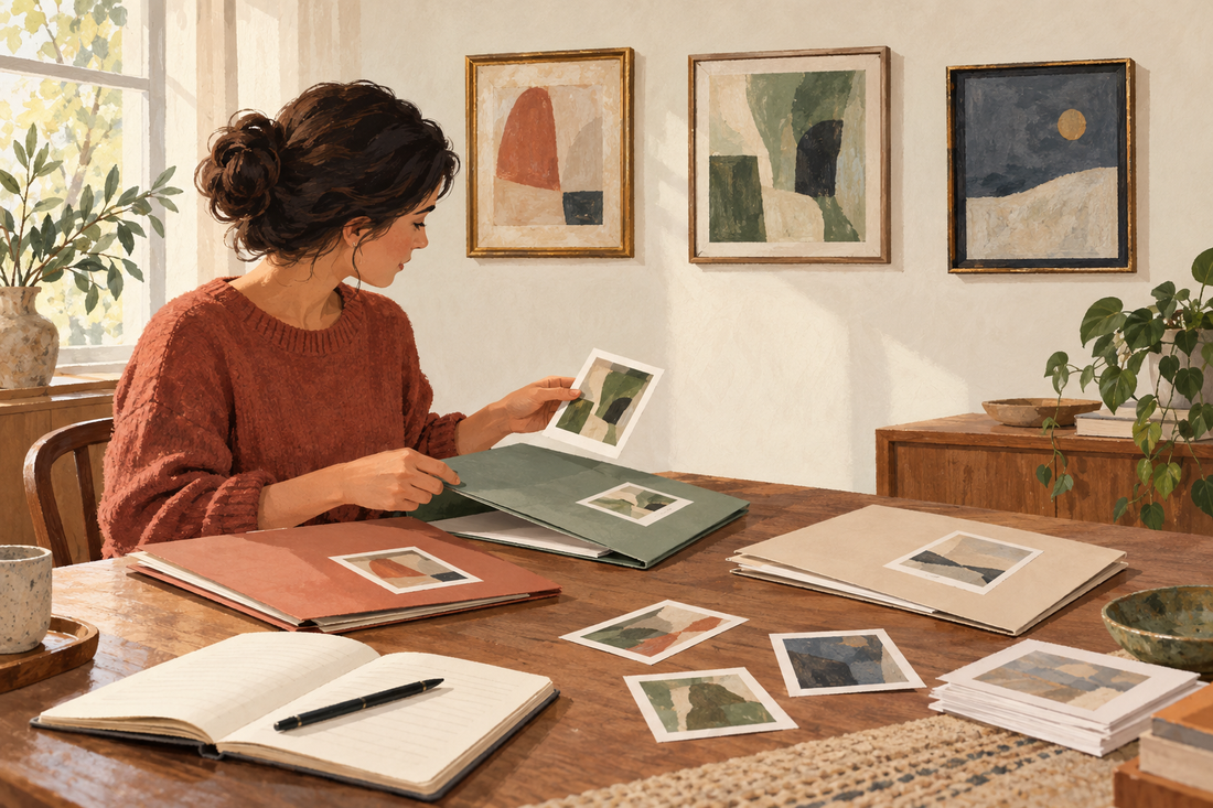 Illustrazione generata con IA: una persona organizza cartelle e fotografie di tre quadri immaginari prima di una valutazione.