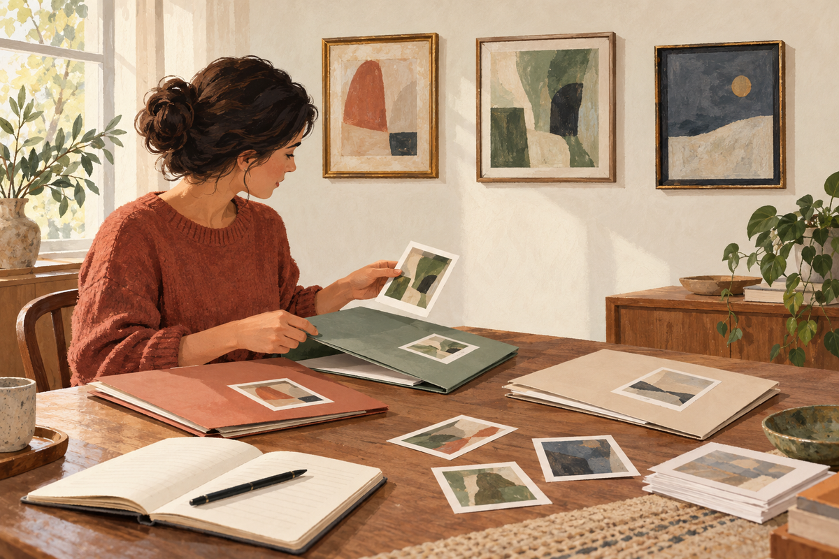 Illustrazione generata con IA: una persona organizza cartelle e fotografie di tre quadri immaginari prima di una valutazione.