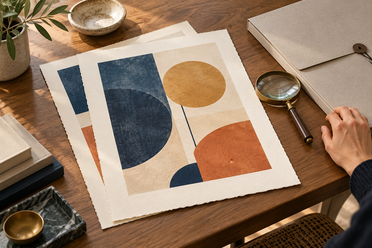 Illustrazione generata con IA: due stampe astratte immaginarie su carta, una lente e una cartella su un tavolo.