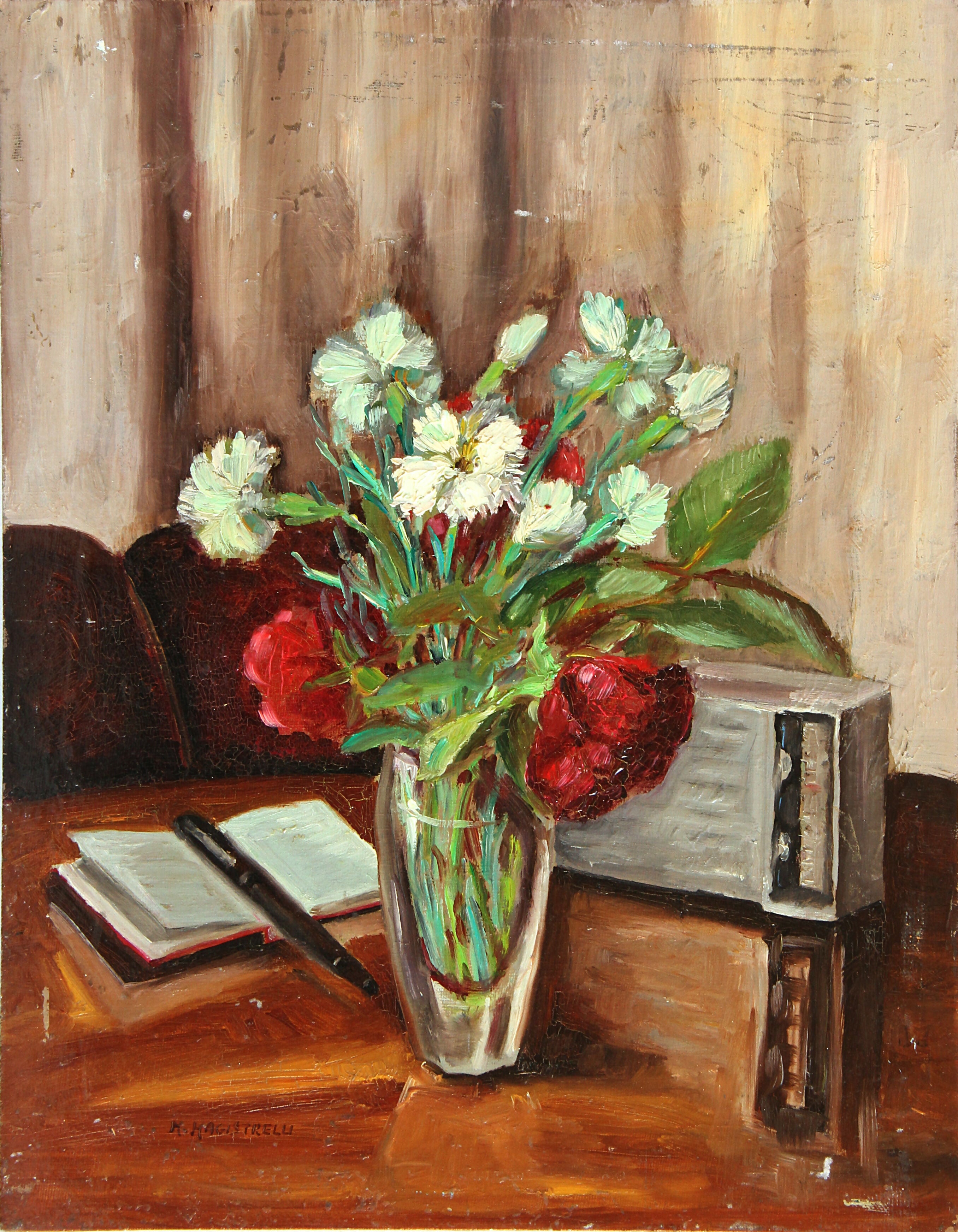 Garofani, rose, radio e libro – Olio su tavola – Miranda Magistrelli