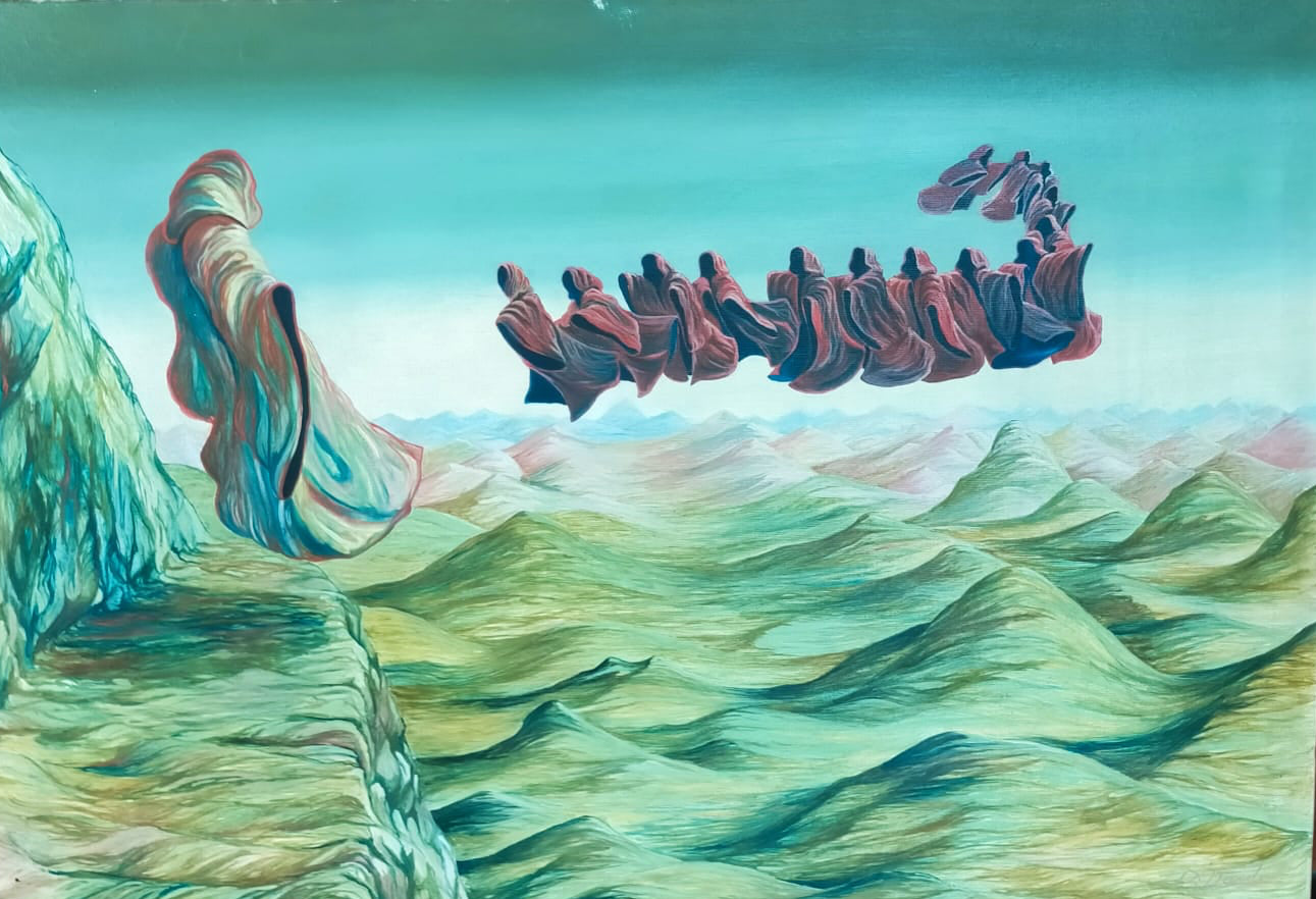 Composizione figurativa Fantasmi, olio su tela di Luciano Di Nardo