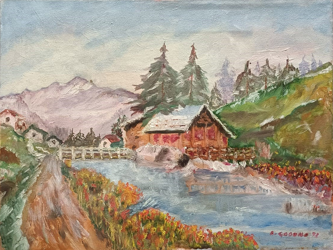 Autore Sconosciuto - Casa con paesaggio alpino