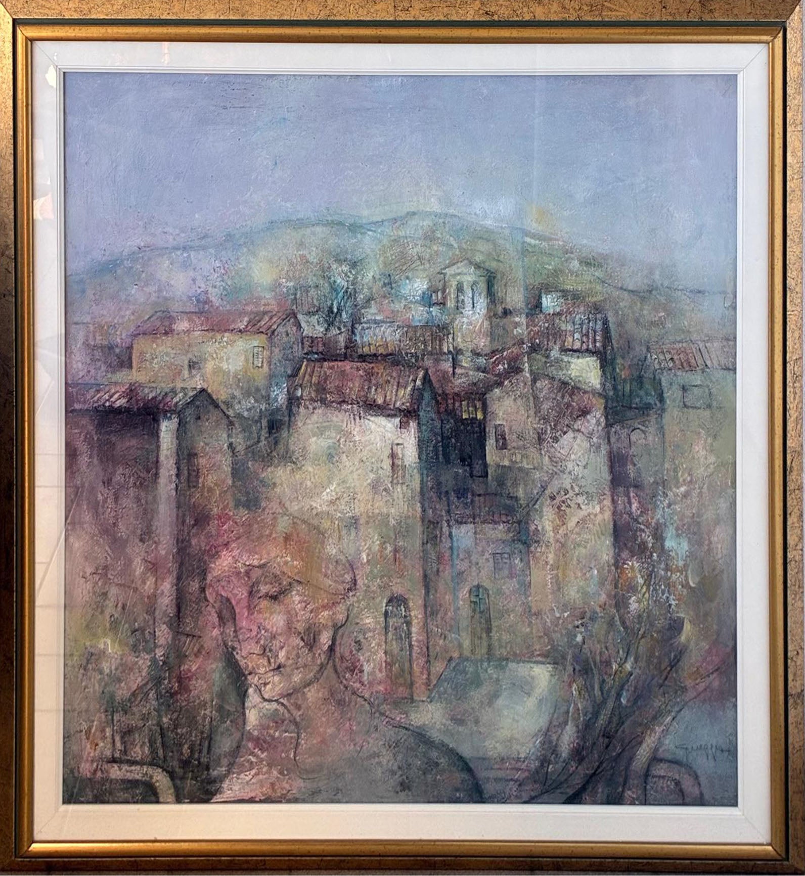 Gianni Gueggia - Senza titolo (Borgo collinare con figure)