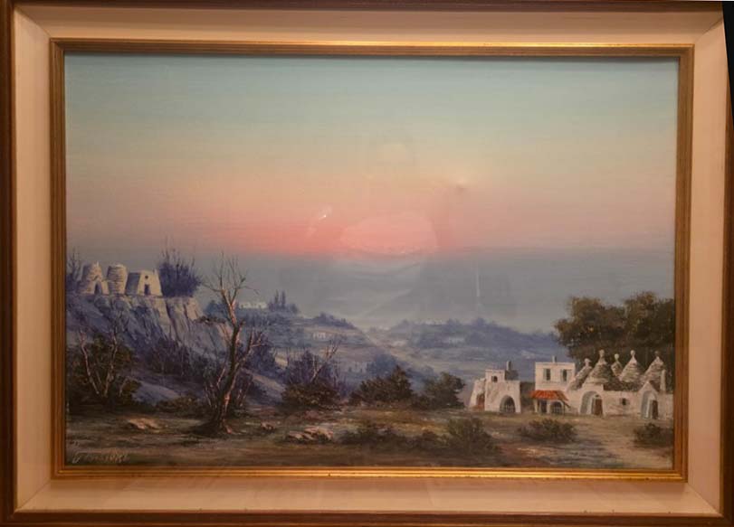 Alba pugliese, trulli, di G. Pastore, Tecnica mista su tela, 50x70