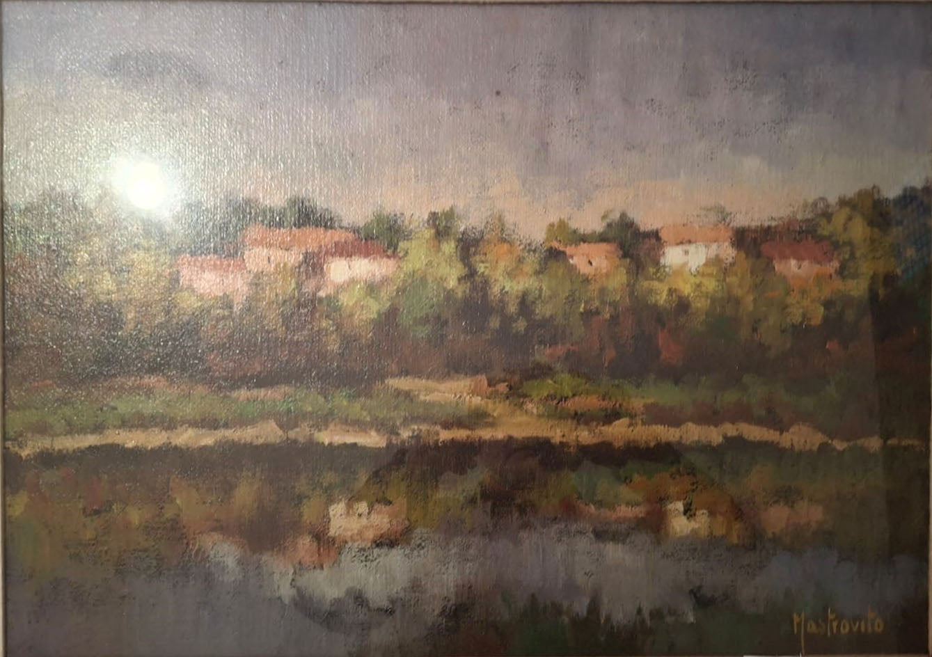 Adolfo Mastrovito - Senza titolo (Paesaggio fluviale con abitazioni)