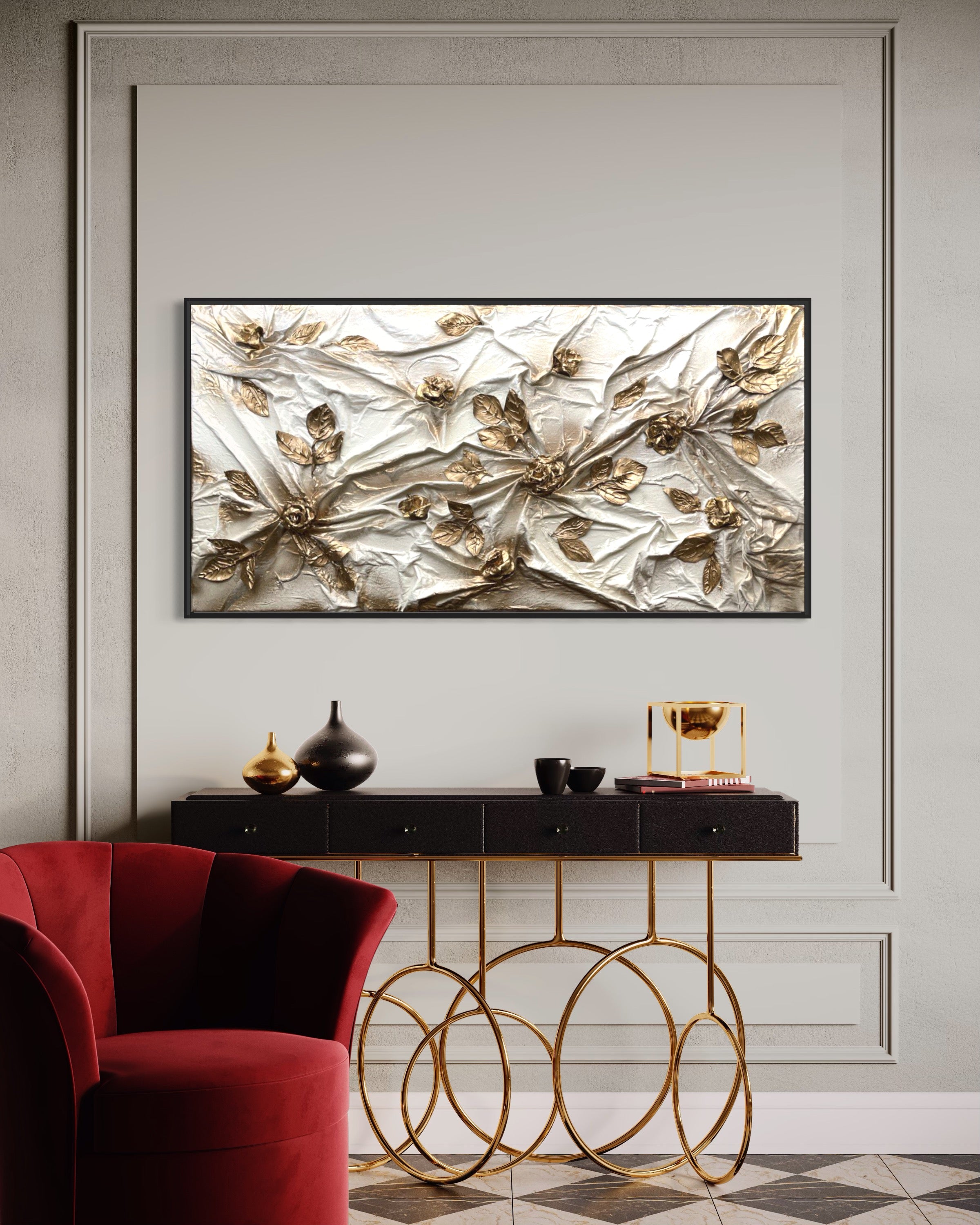 Elegant painting with gold relief sculpture and white flowers