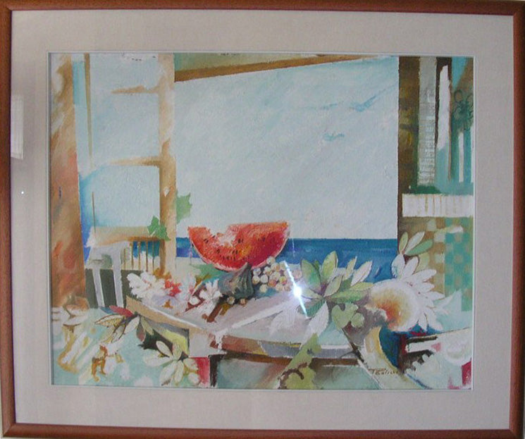 Italo Paolizzi (atribuito a) - Natura morta con vista mare