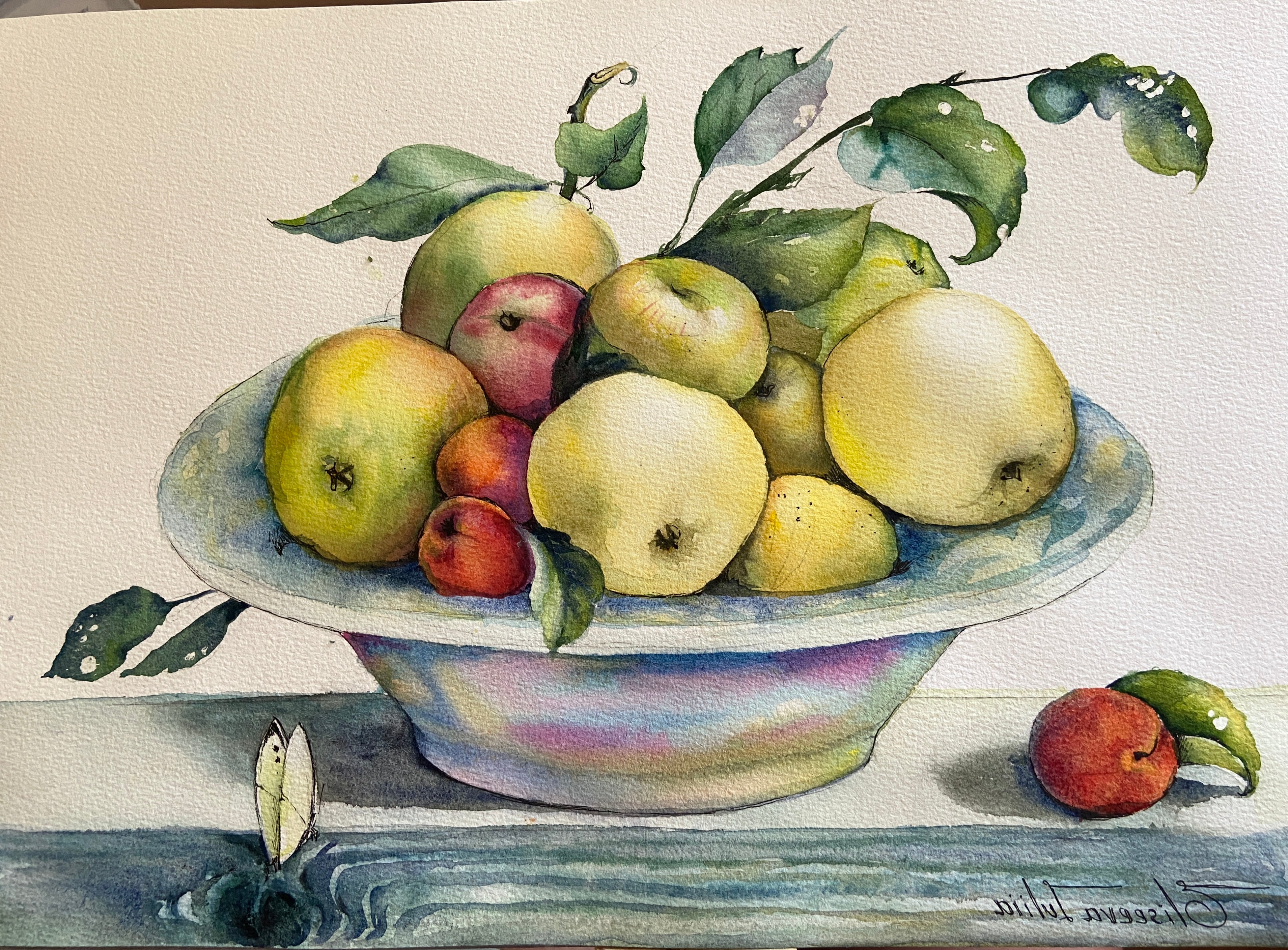 White vase with fruits