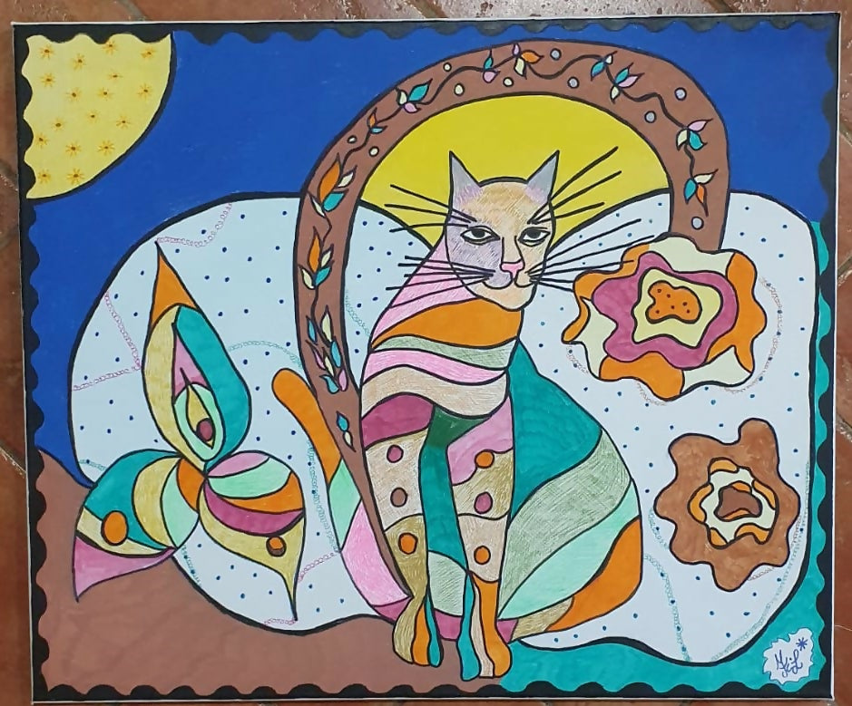 Grafia dell'angelo felino di Linda Fileccia, tecniche miste