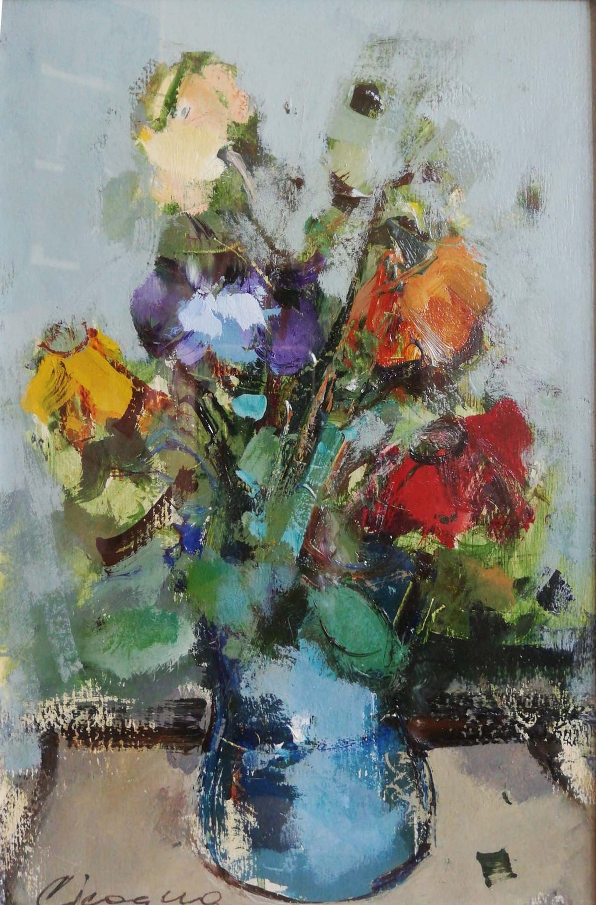 Senza titolo (vaso blu con fiori), di Cristiano Cicogna, olio su tavola