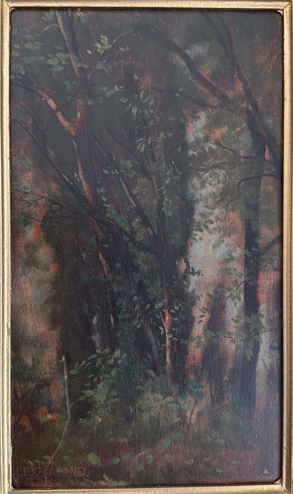 Piccolo paesaggio boschivo a olio su tavola indicato ad Alexander Cabanel