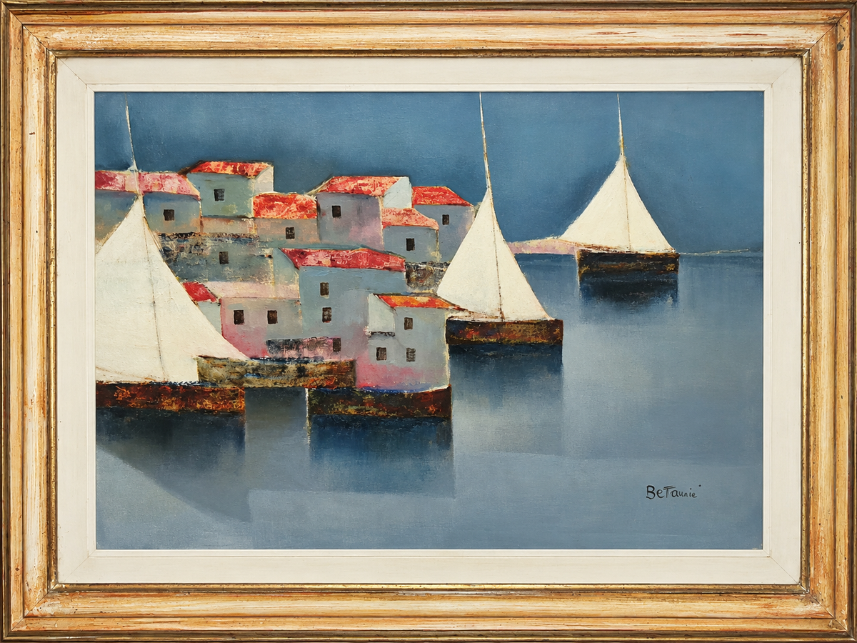 Marina con case, olio su tela di Lido Bettarini