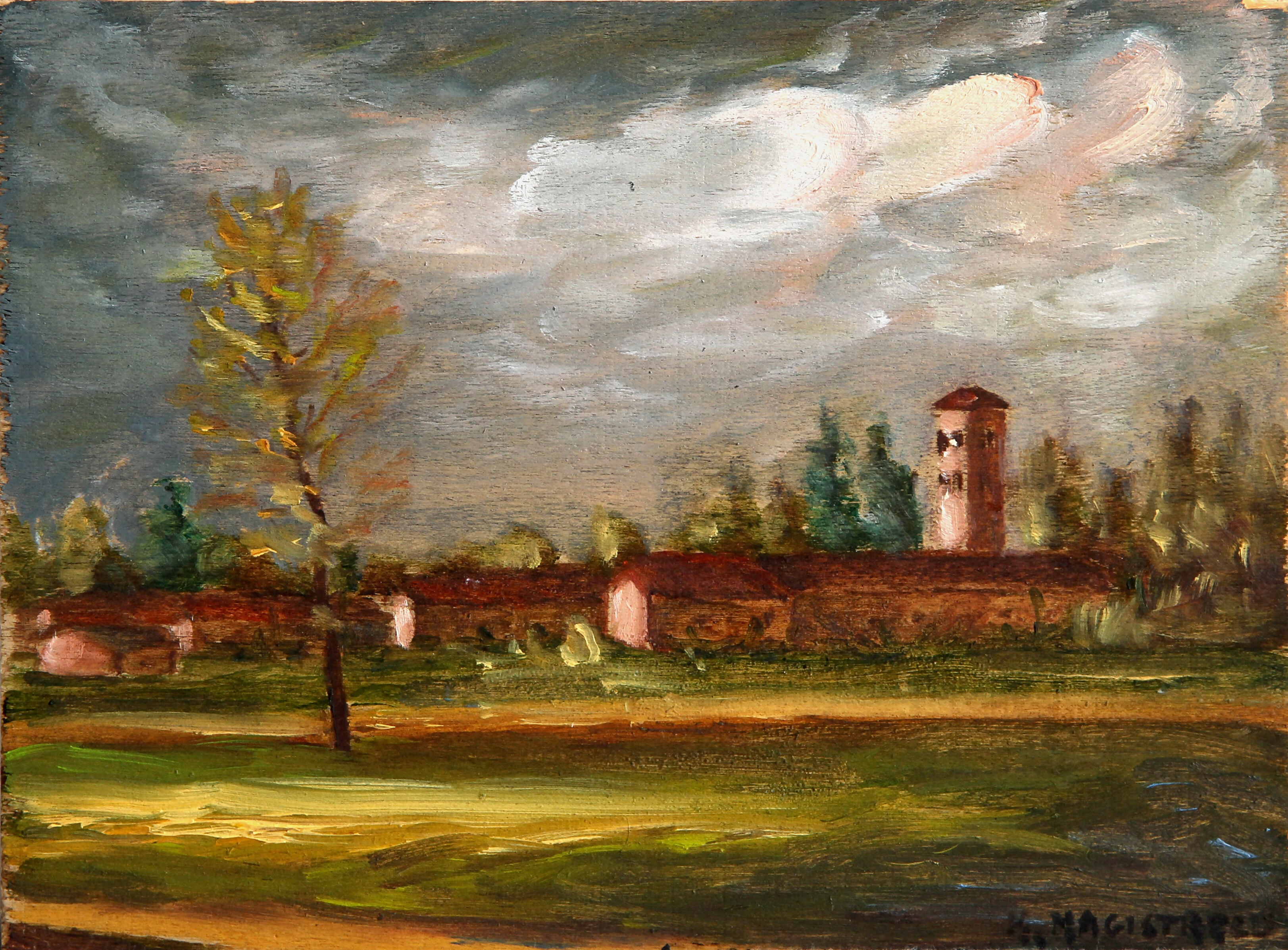 Paesaggio La chiesa di Quinto, olio su tavola di Miranda Magistrelli