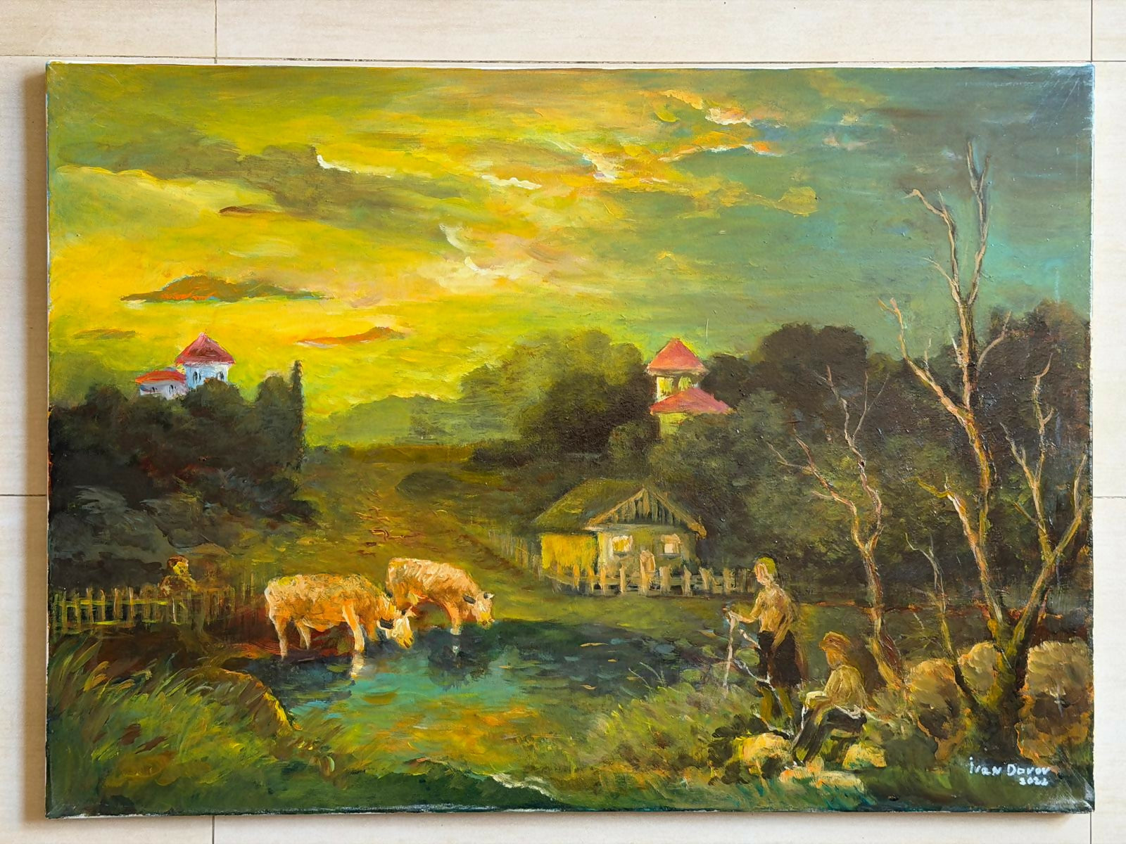 Paesaggio rurale con mucche all'abbeveratoio di Ivan Donov