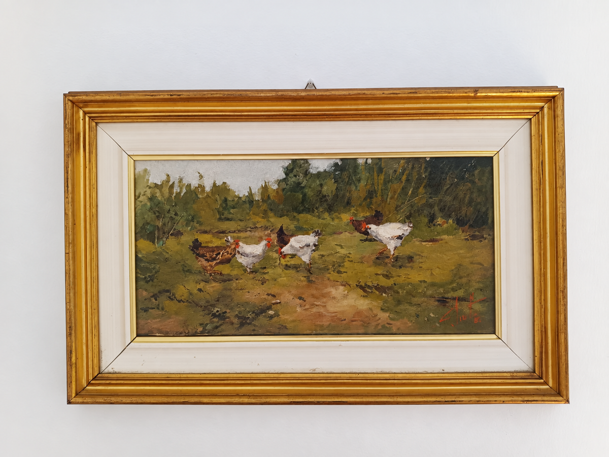Cortile con galline di Ernesto Pirotta, olio su tela