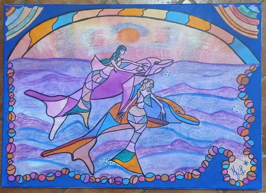 Collezione n° 25: Amore di sirene e delfini nel tramonto di Linda Fileccia, tecniche miste