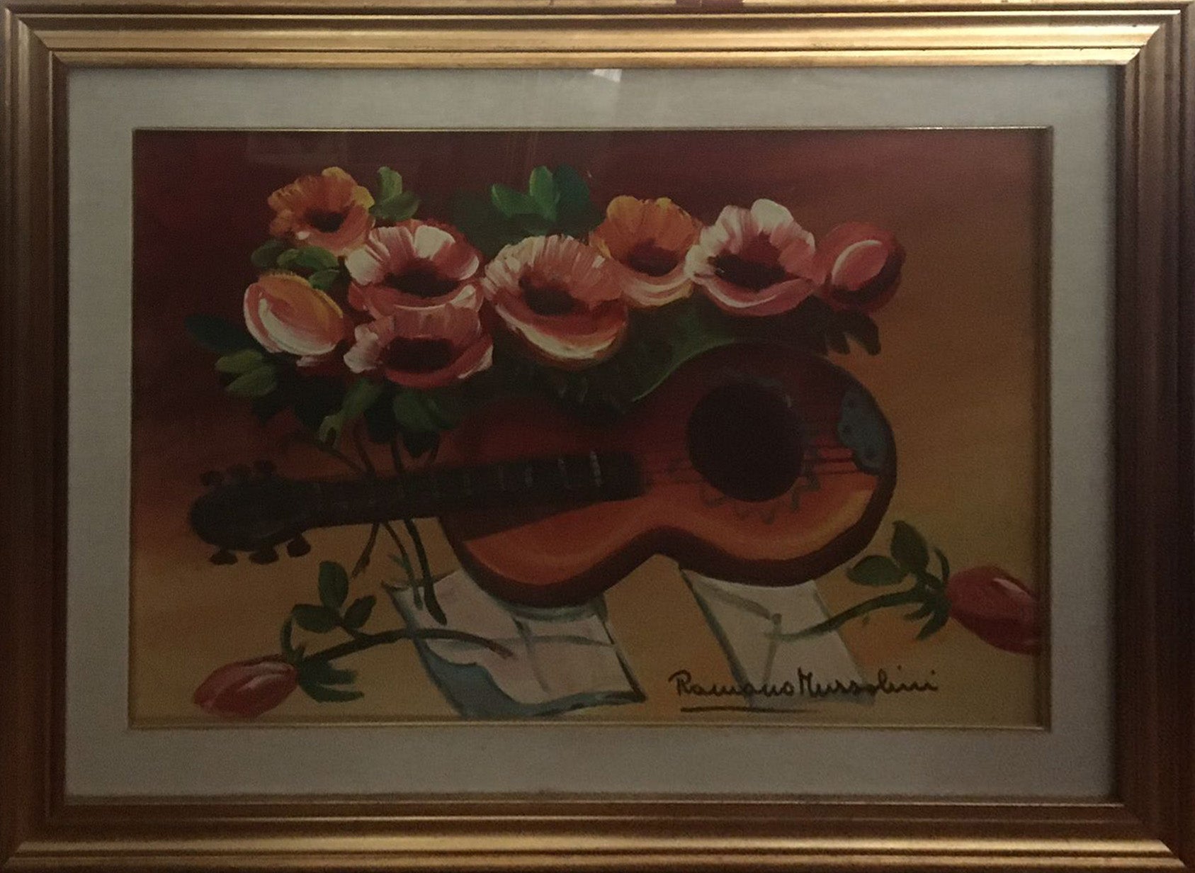 Romano Mussolini - Natura morta con chitarra e fiori