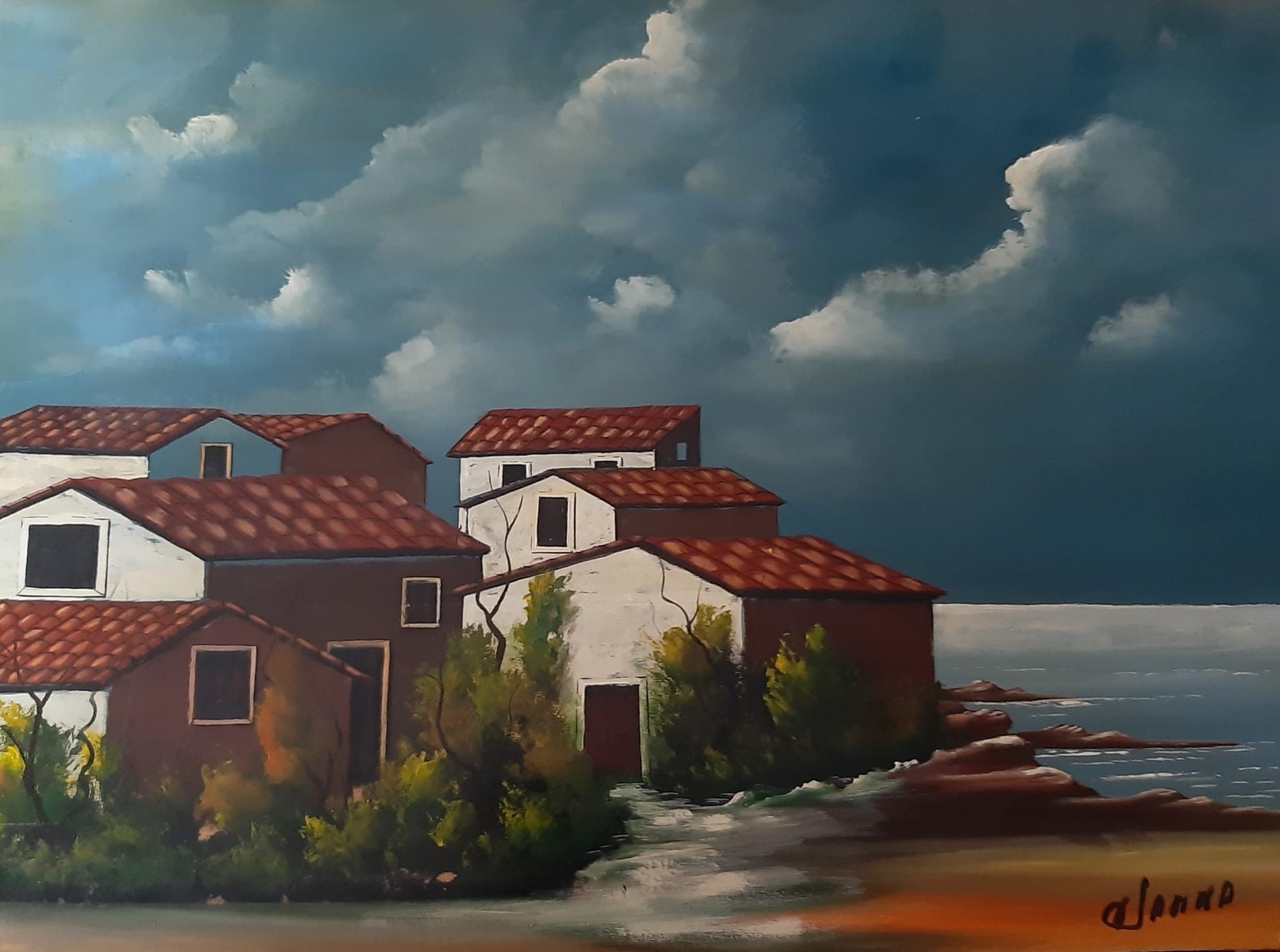 Giuseppe Sanna - Senza Titolo (paesaggio con case)