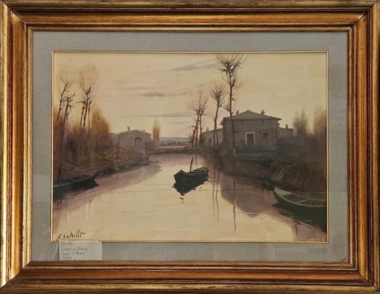 Senza titolo (paesaggio fluviale) di Francesco Schiller, olio su tela