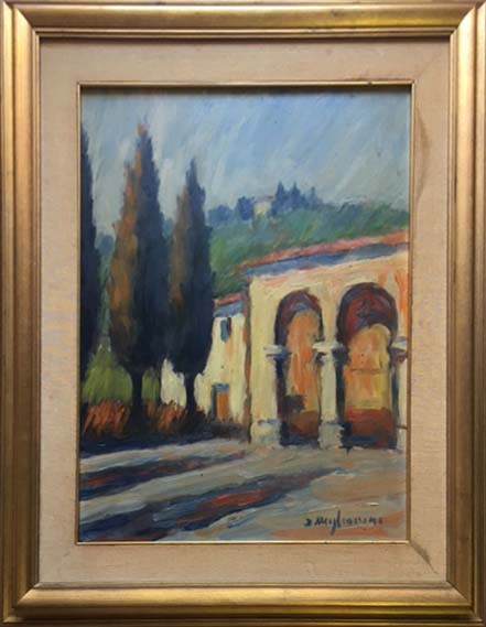Olio su masonite con casa di campagna di Dino Migliorini