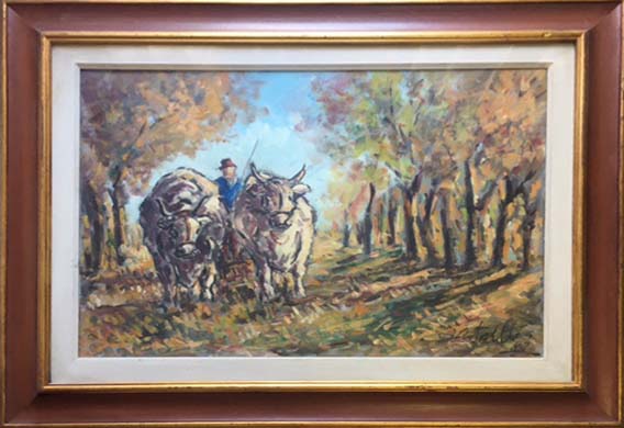 Olio su tela Mucche al pascolo di Enrico Cestarelli