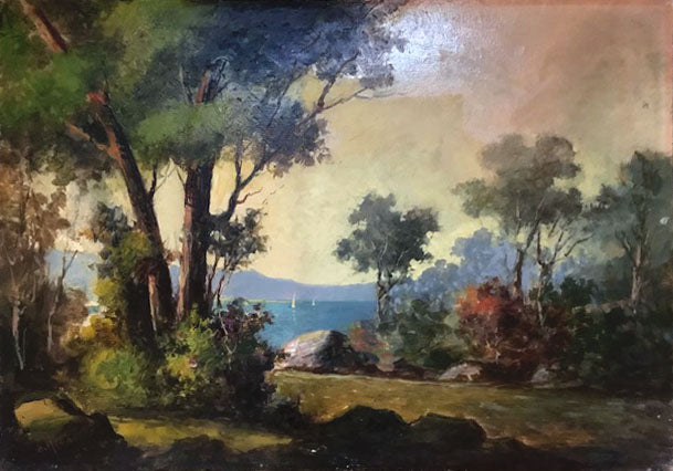 Magrotti - Pine forest with lake and sailboats