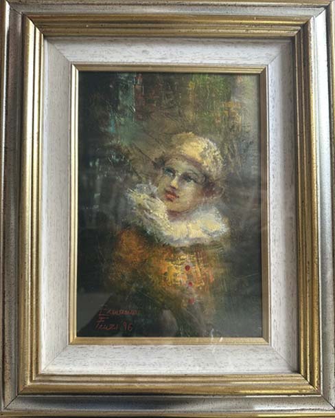 Clown figurativo, olio su metallo di Ermanno Fenzi