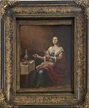 Donna seduta in un interno di Gabriel Metsu, olio su tavola, 40x30 