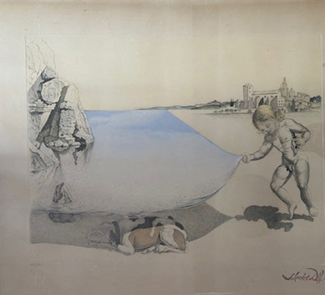Salvador Dalì - Moi-meme à l'age de six ans, soulevant avec une extreme précaution la peau de la mer pour observer un chien dormant à l'ombre de l'eau