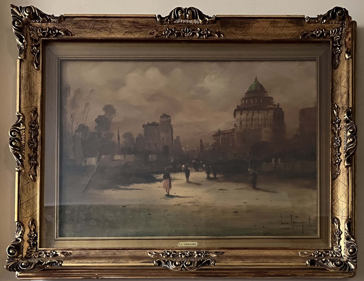 Senza titolo (paesaggio urbano con figure) di Lucio Cargnel, olio su tela