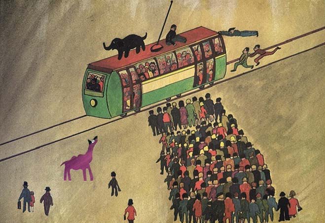 Senza titolo (tram), di Sconosciuto, serigrafia ritoccata a mano