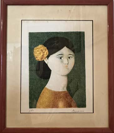 Litografia di Antonio Bueno con fanciulla e rosa tra i capelli