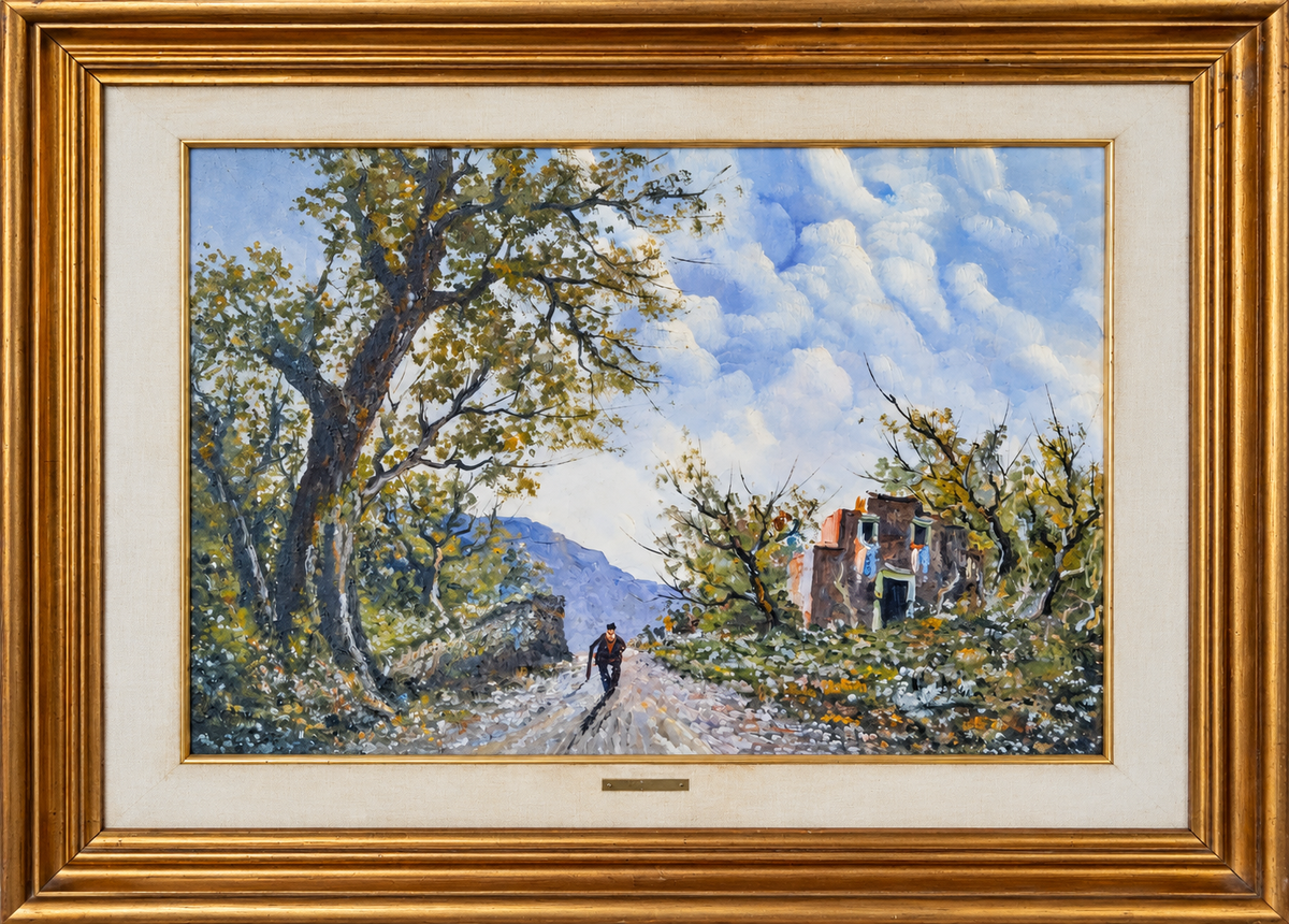Senza Titolo (Paesaggio rurale con viandante) di (attribuito) Antonio D'Urso, olio su tela