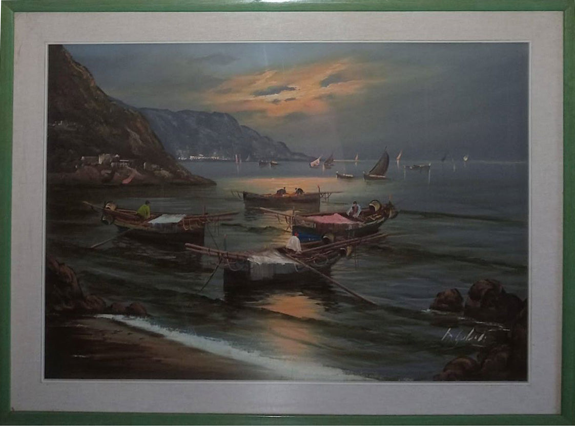 Mario Galanti - Senza Titolo (barche con pescatori all'alba)