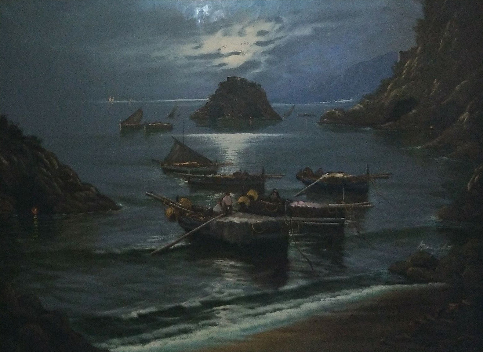 Mario Galanti - Senza Titolo (barche con pescatori al tramonto)