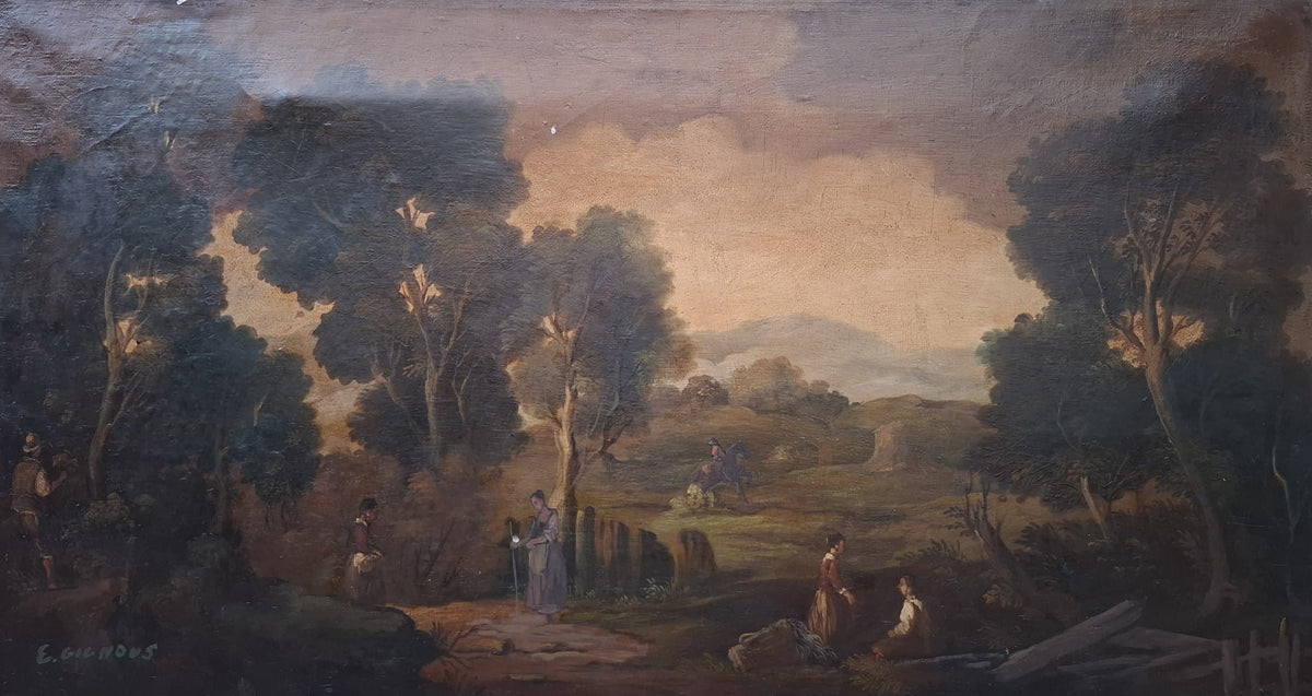 Paesaggio con figure firmato E. Gignous, olio su tela, 130 × 70 cm