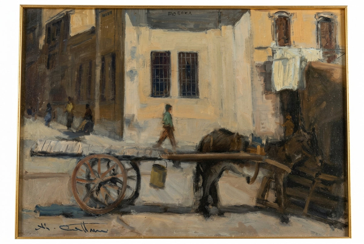 Opera con carretto di G.M. Cattani, tecniche miste su masonite, 42 × 31 cm