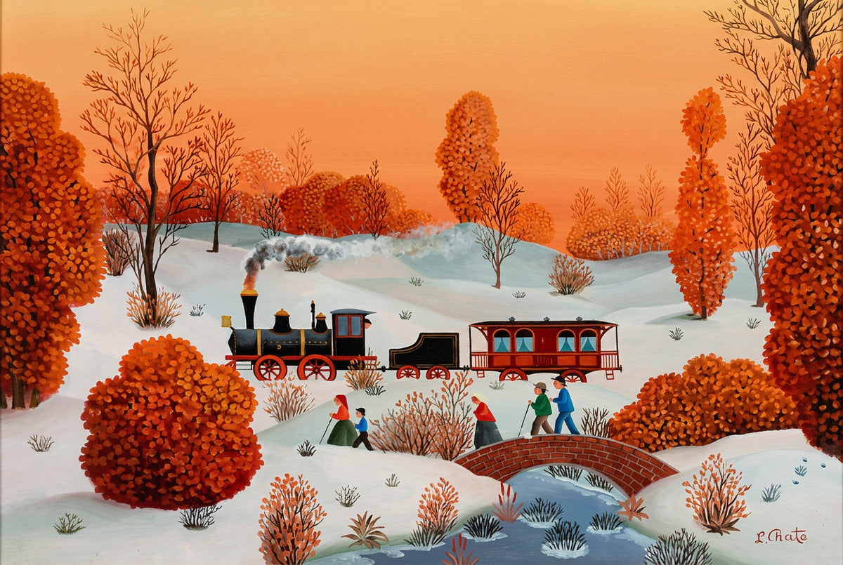 Senza titolo (paesaggio innevato con treno), di Lorenzo Prato, Olio su tela, 62,5×73,5 cm