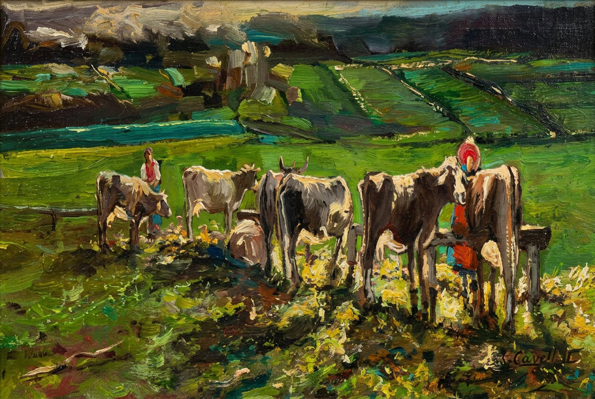 Senza titolo (paesaggio rurale con bovini e figure), di Gabriele Cremonesi, Olio su tavola, 34 x 15 cm