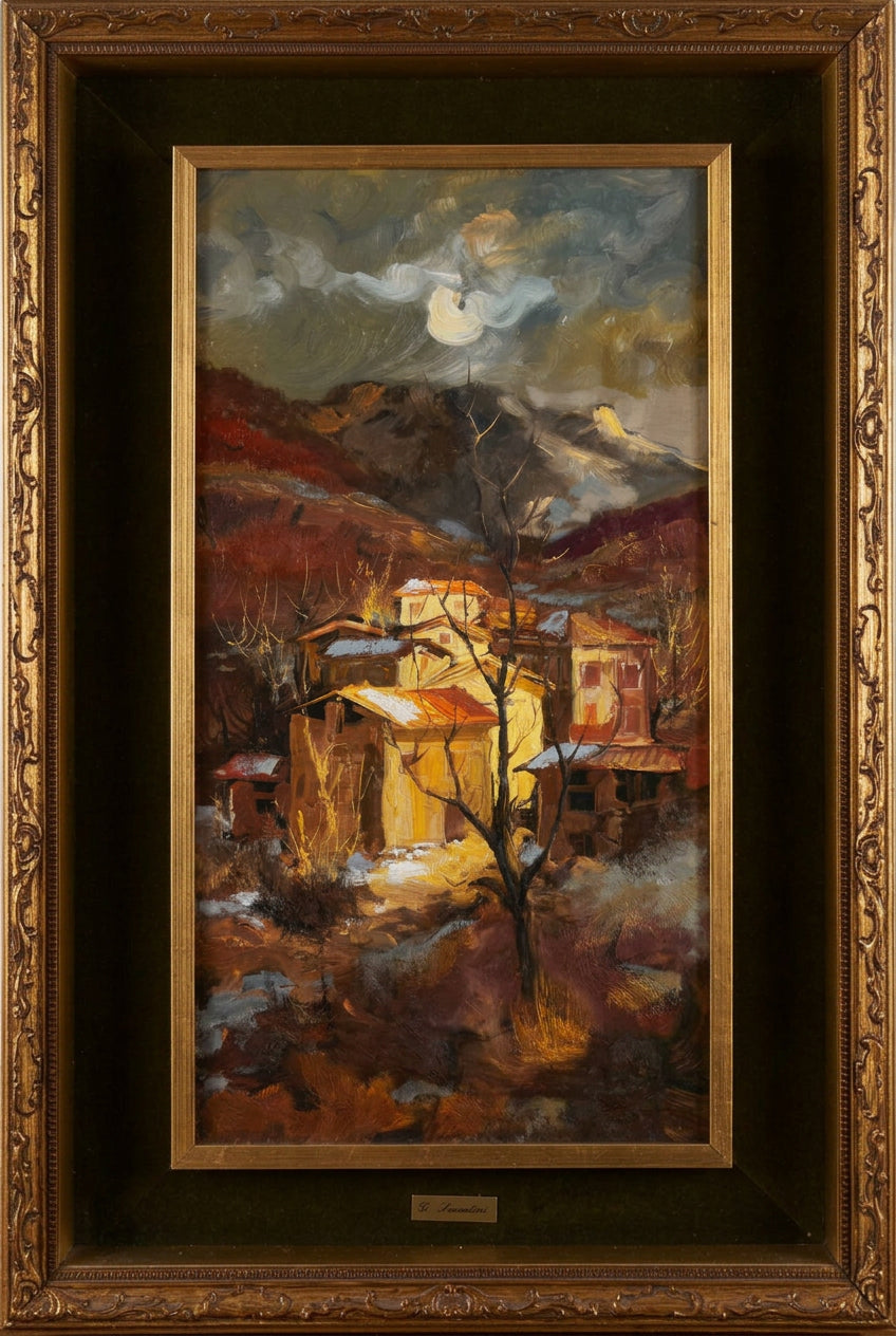 Senza titolo (borgo appenninico sotto la luna), di Giulio Servolini, Olio su tela, 32 x 62 cm