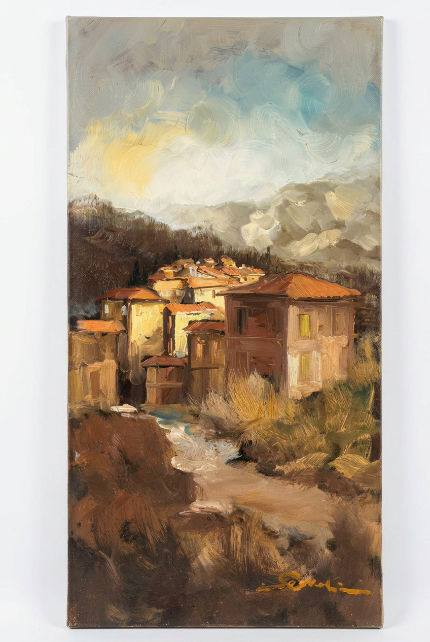Senza titolo (borgo appenninico alla luce del sole), di Giulio Servolini, Olio su tela, 32 x 62 cm