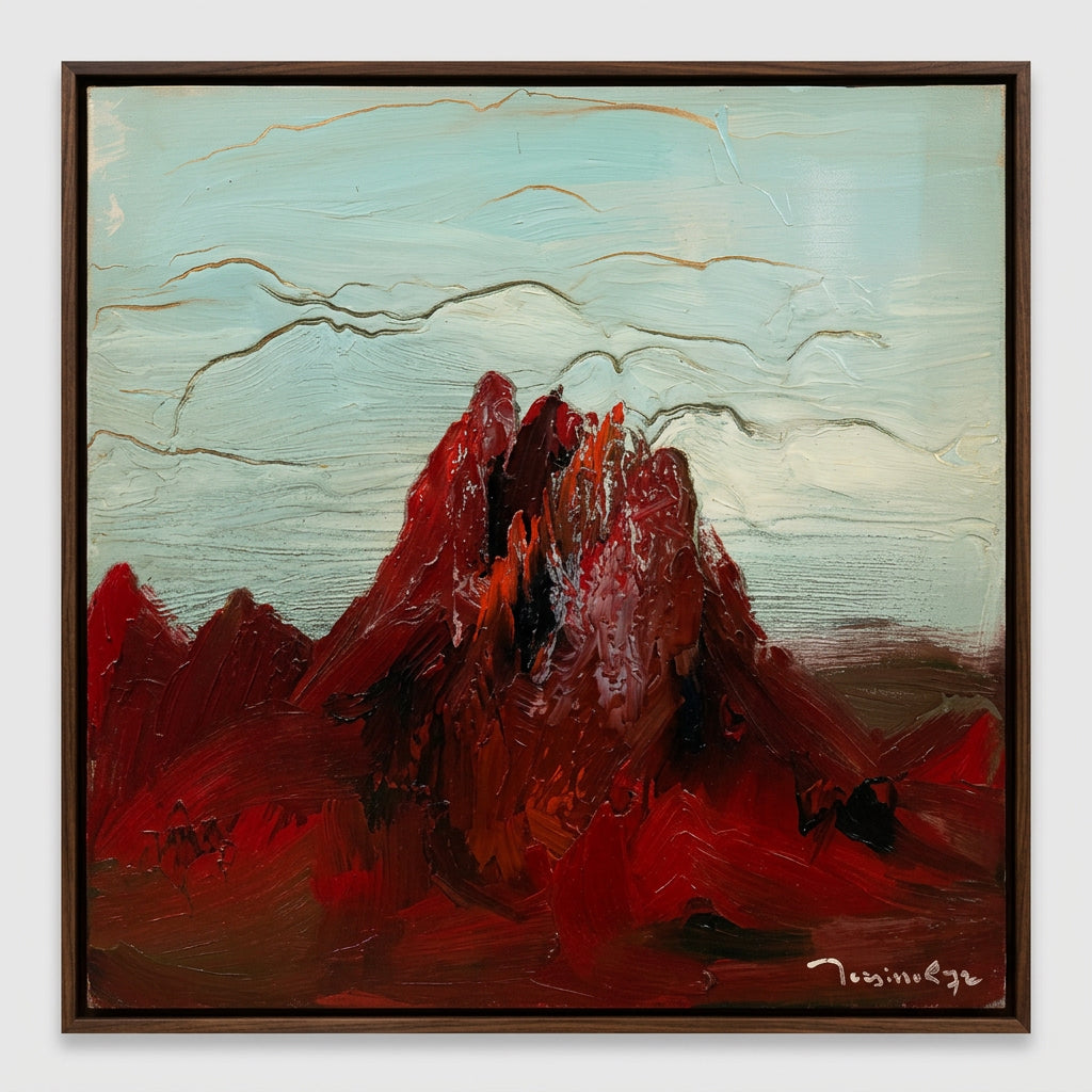 Senza titolo (montagne rosse con cielo azzurro) di Harry Jelinek, olio, 84 x 92 cm