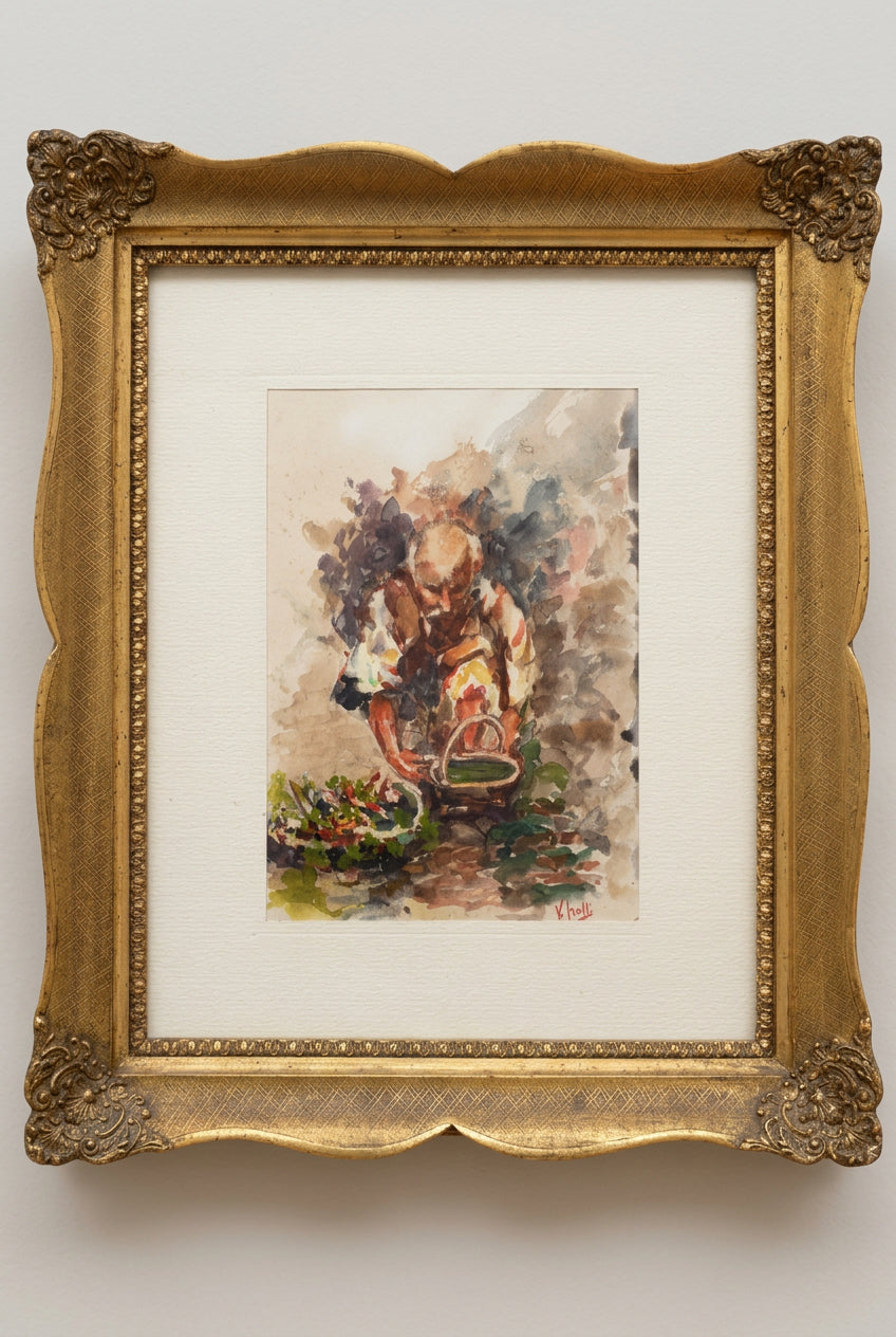 Senza titolo (anziano con cesto) di Attribuibile Vincenzo Irolli, acquerello, 15 x 20 cm