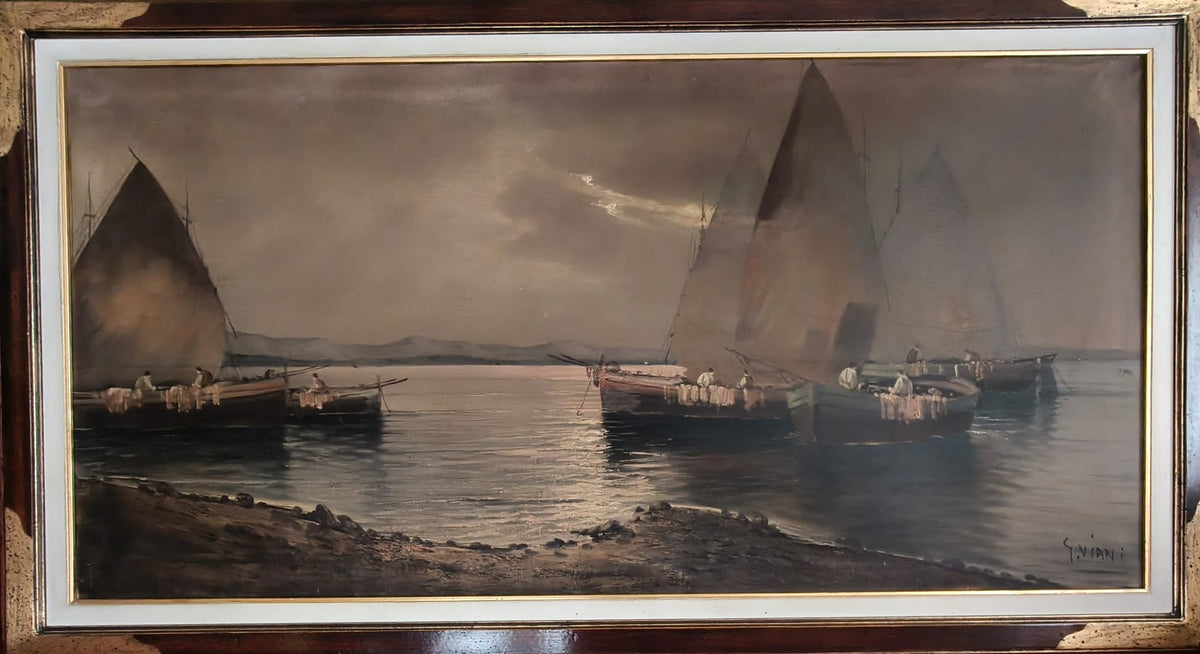 Senza titolo (paesaggio marino con barche) di G. Viani, olio, 120 x 60 cm