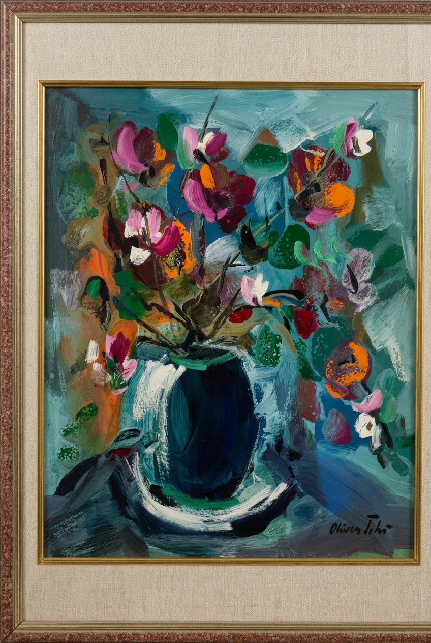 Senza titolo (Natura morta con vaso di fiori), olio di Oliver Tihi, 60 x 80 cm